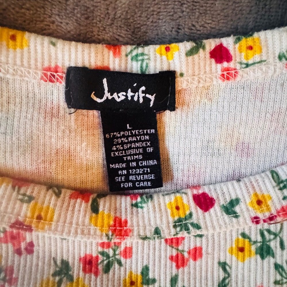 Justify Womens Ribbed Ditsy Floral Short Sleeve T-Shirt White Pink Yellow Large - Picture 2 of 5